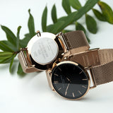 Personalised Rose Gold Mesh Strapped Women's Watch With Black Dial
